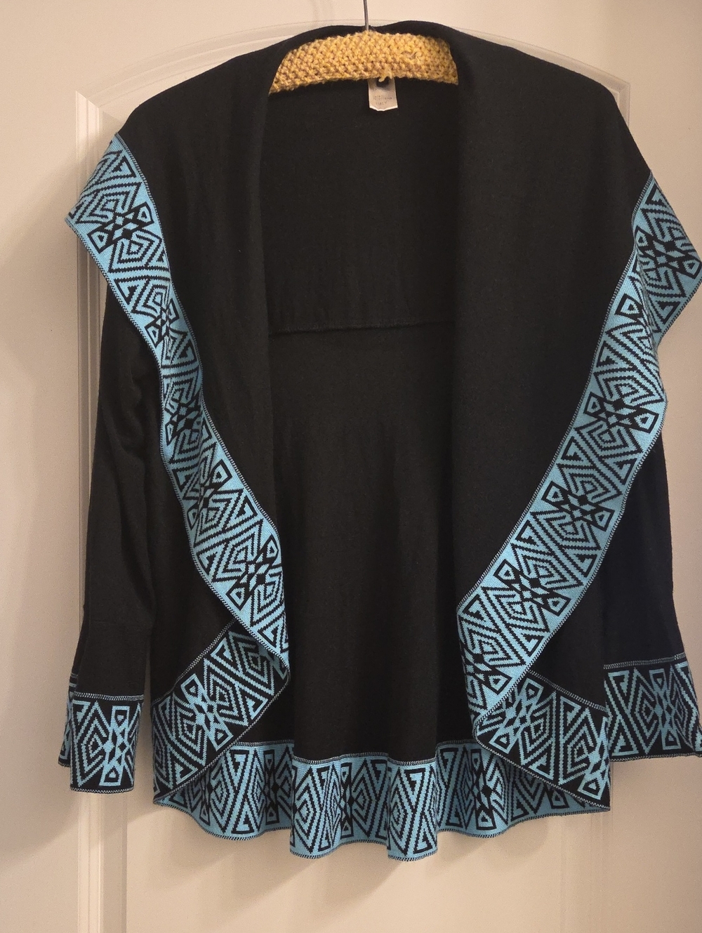 Angel Black Open-Front Cardigan with Light Blue Geometric Trim